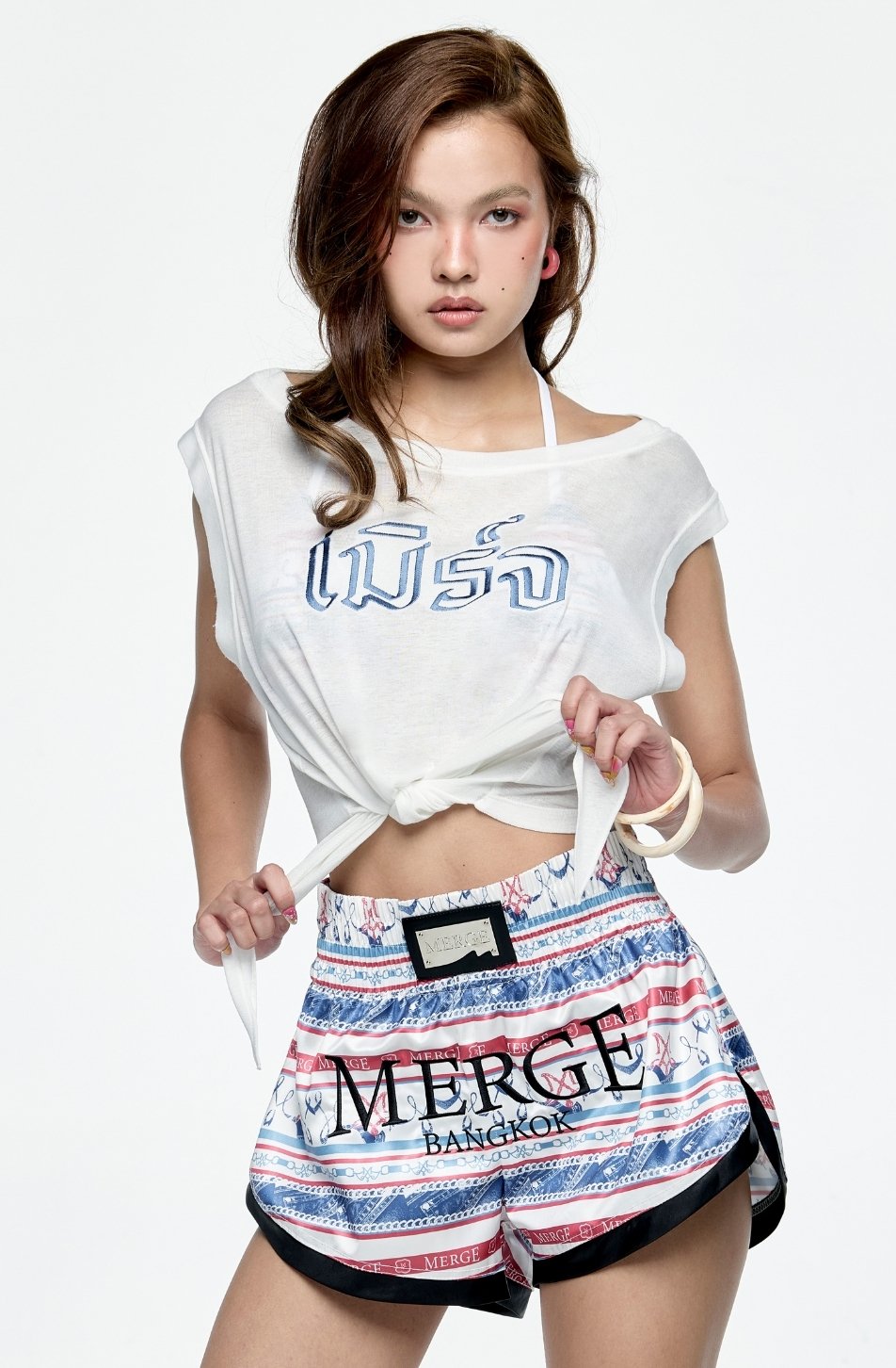 Merge Wrap Crop Top (จัดส่ง 22/04 , Thai Text White , Wet พร้อมส่ง)